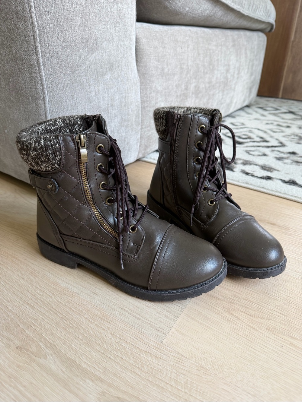 Wanted Brown Quilted Lace-Up Boots with Knit Collar